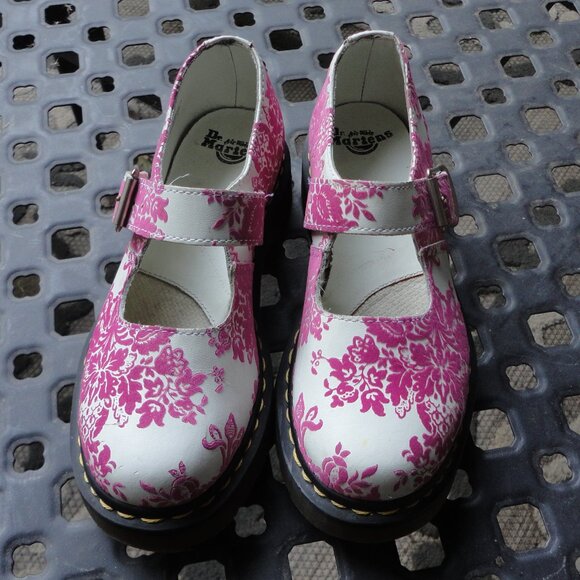 DR MARTENS Women's Pink & White Velvet Floral Pattern Mary Jane Sandals Size 6 - Picture 1 of 10